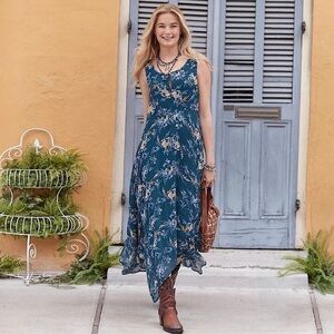 SUNDANCE ON THE BREEZE BLUE FLORAL VISCOSE SLEEVELESS SHARK BITE HEM MAXI DRESS